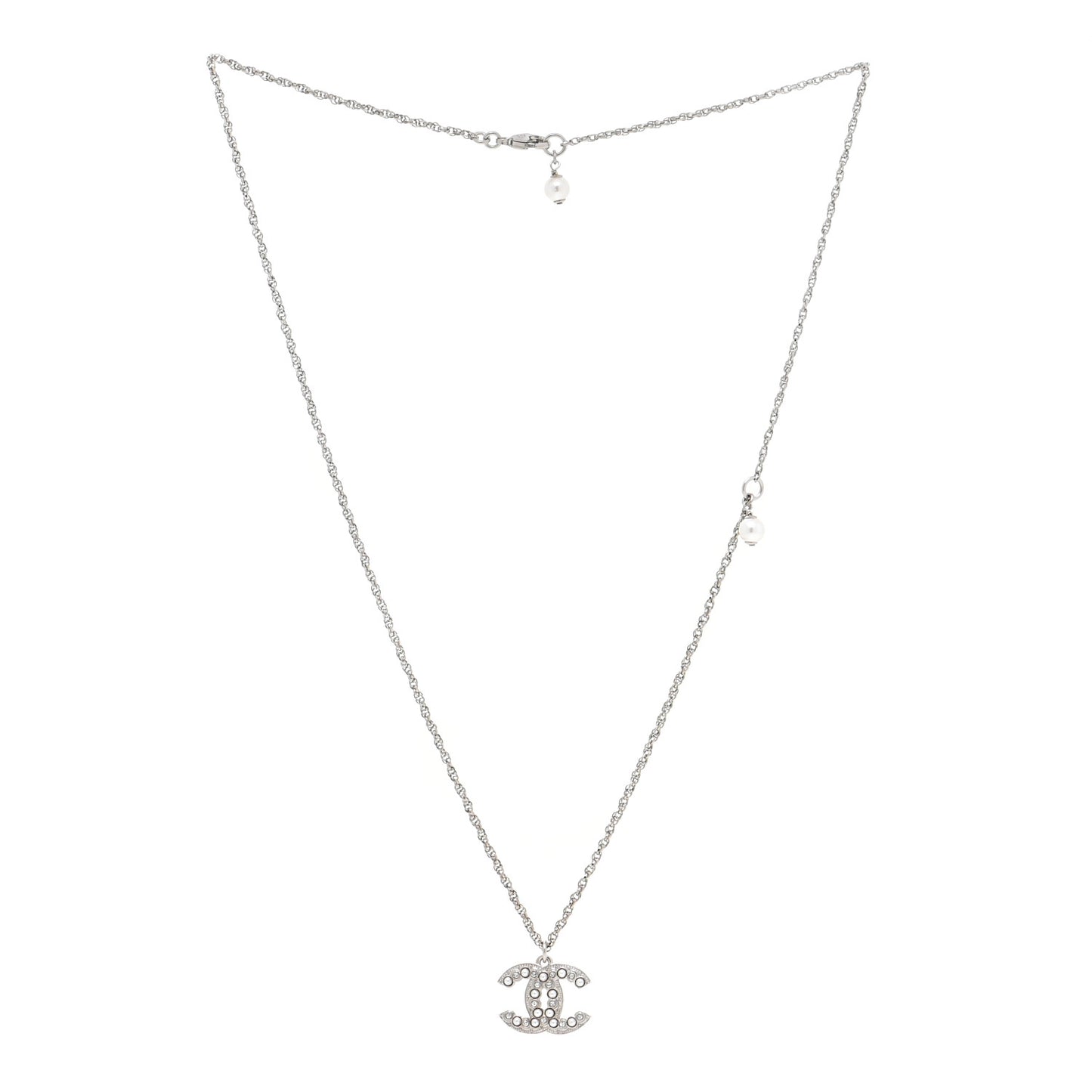Pearl Crystal CC Pendant Necklace Silver