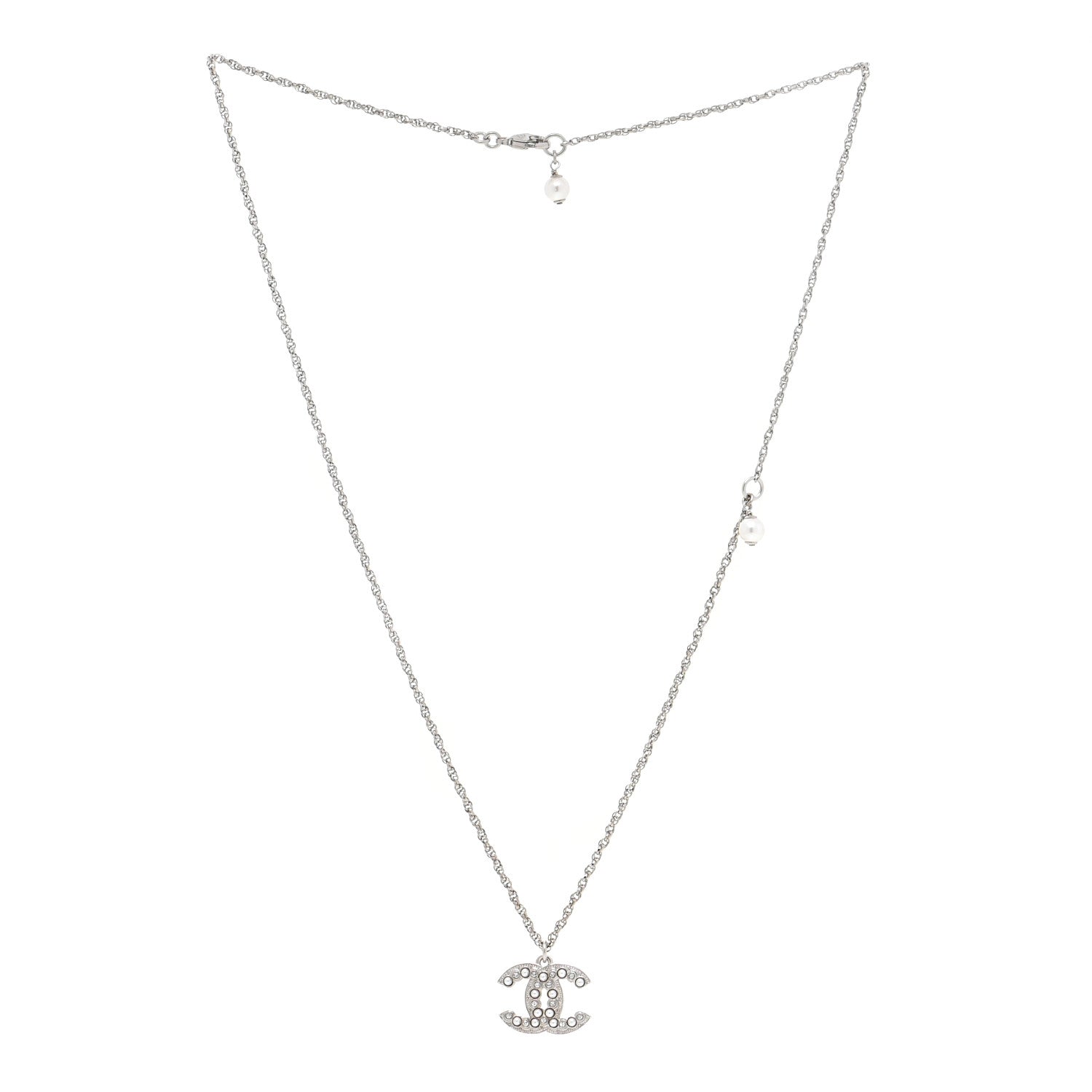 Chanel Pearl Crystal CC Pendant Necklace Silver 3 of 5