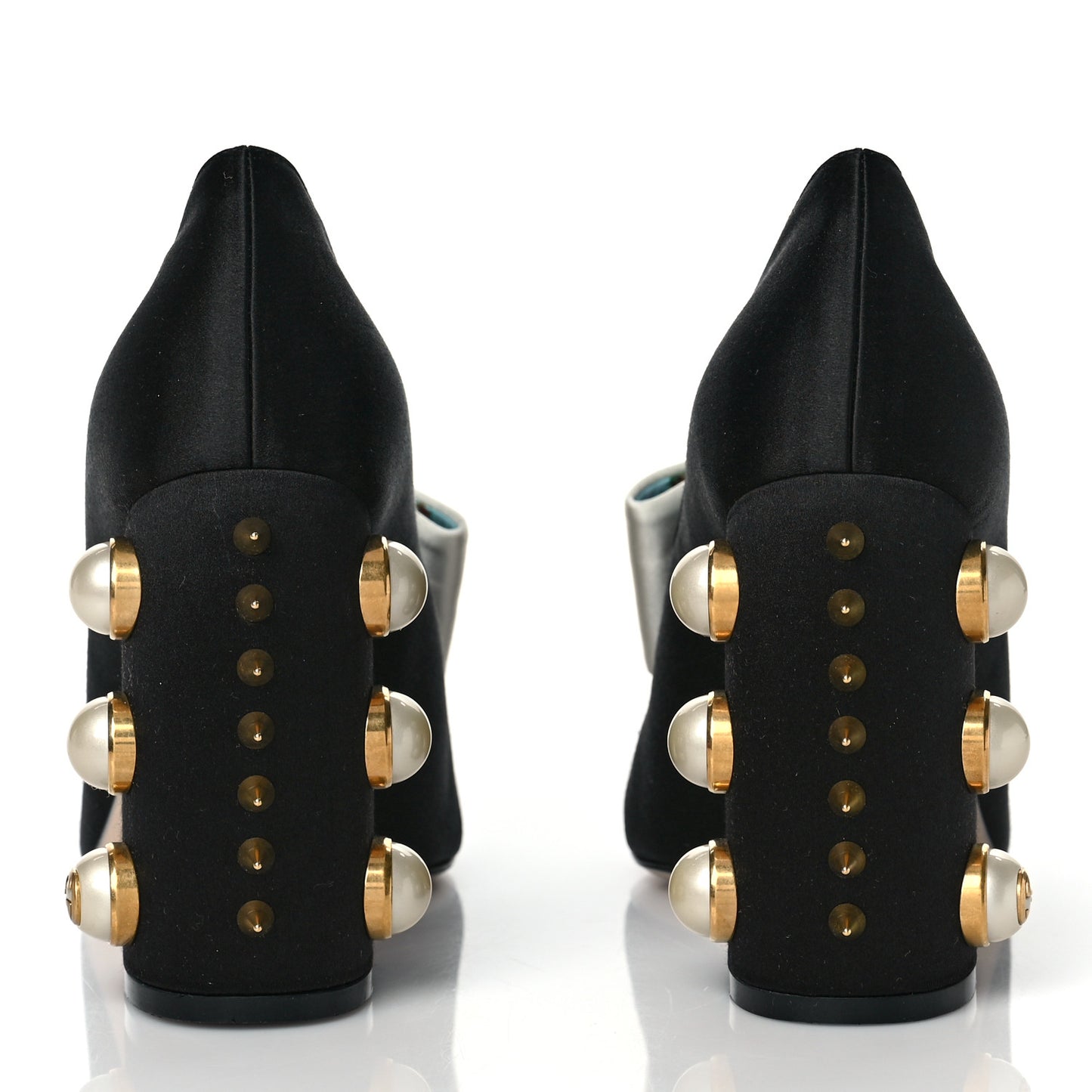Silk Satin Pearl Studded Luna Bow Pumps 36 Black Gold