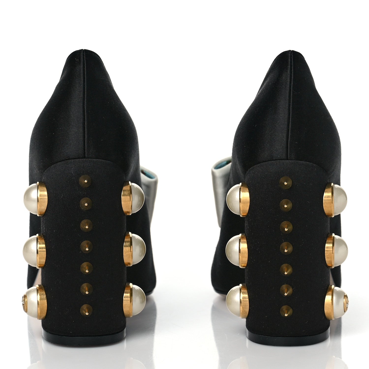 Gucci Silk Satin Pearl Studded Luna Bow Pumps 36 Black Gold 8 of 8