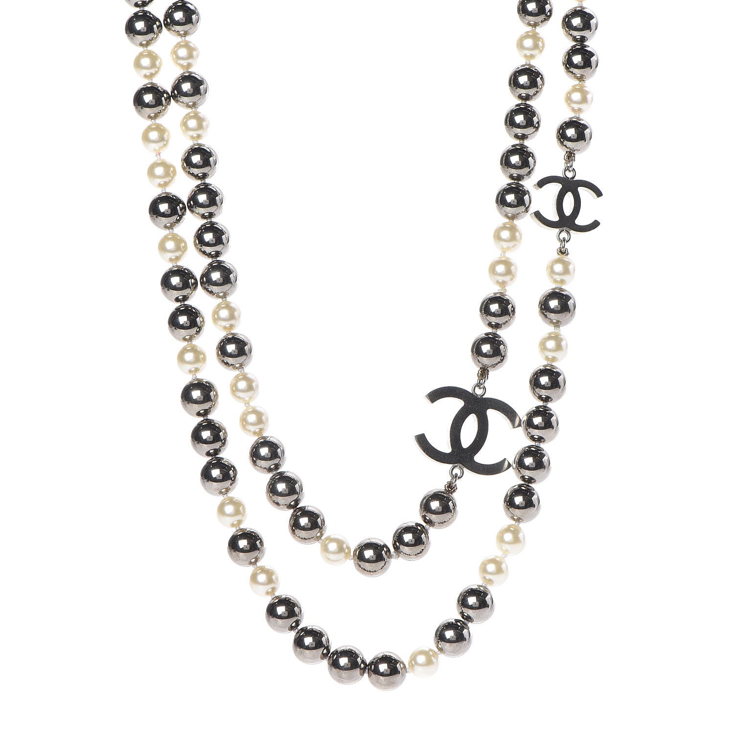 Chanel Pearl Beaded CC Long Necklace Silver 1 of 4