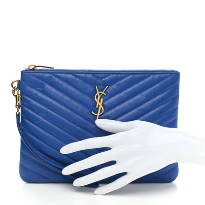 Saint Laurent Calfskin Matelasse Chevron Monogram Zip A5 Pouch Blue Majorelle 2 of 11