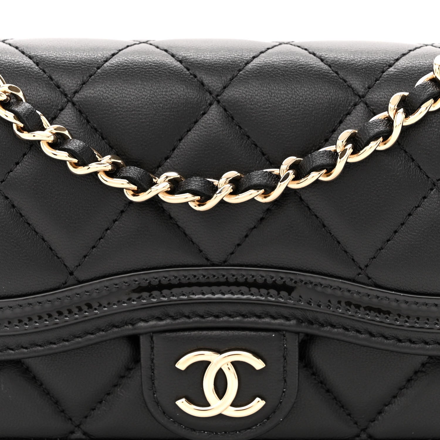 Chanel Lambskin Patent Calfskin Quilted Flap Phone Holder With Chain Black 9 of 12