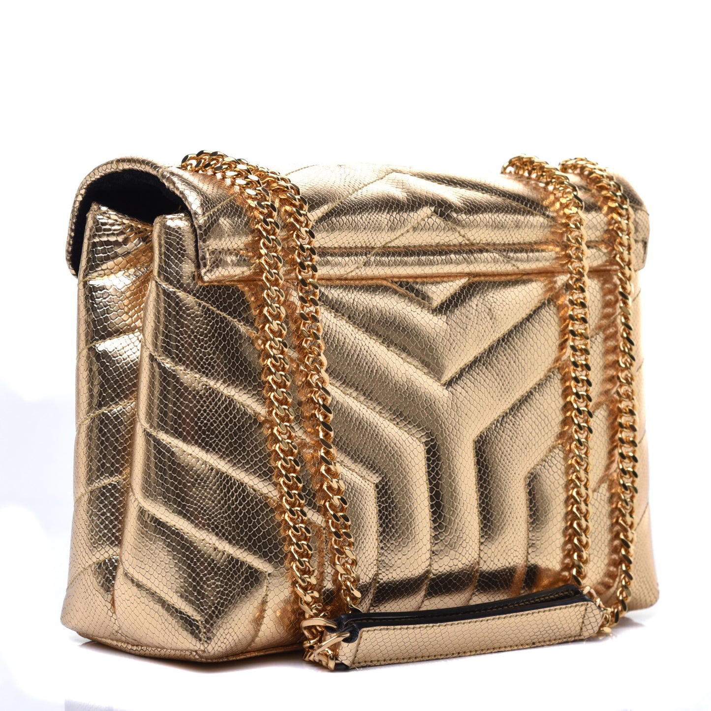 Snake Embossed Lame Y Quilted Small Loulou Monogram Chain Satchel Oro