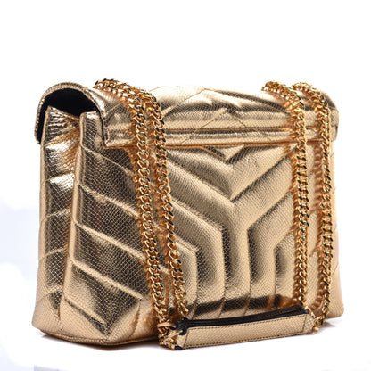 Saint Laurent Snake Embossed Lame Y Quilted Small Loulou Monogram Chain Satchel Oro 3 of 8
