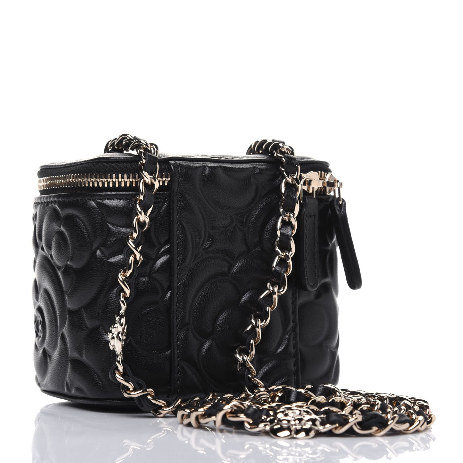 Chanel Lambskin Camellia Embossed Mini Vanity Case With Chain Black 3 of 10