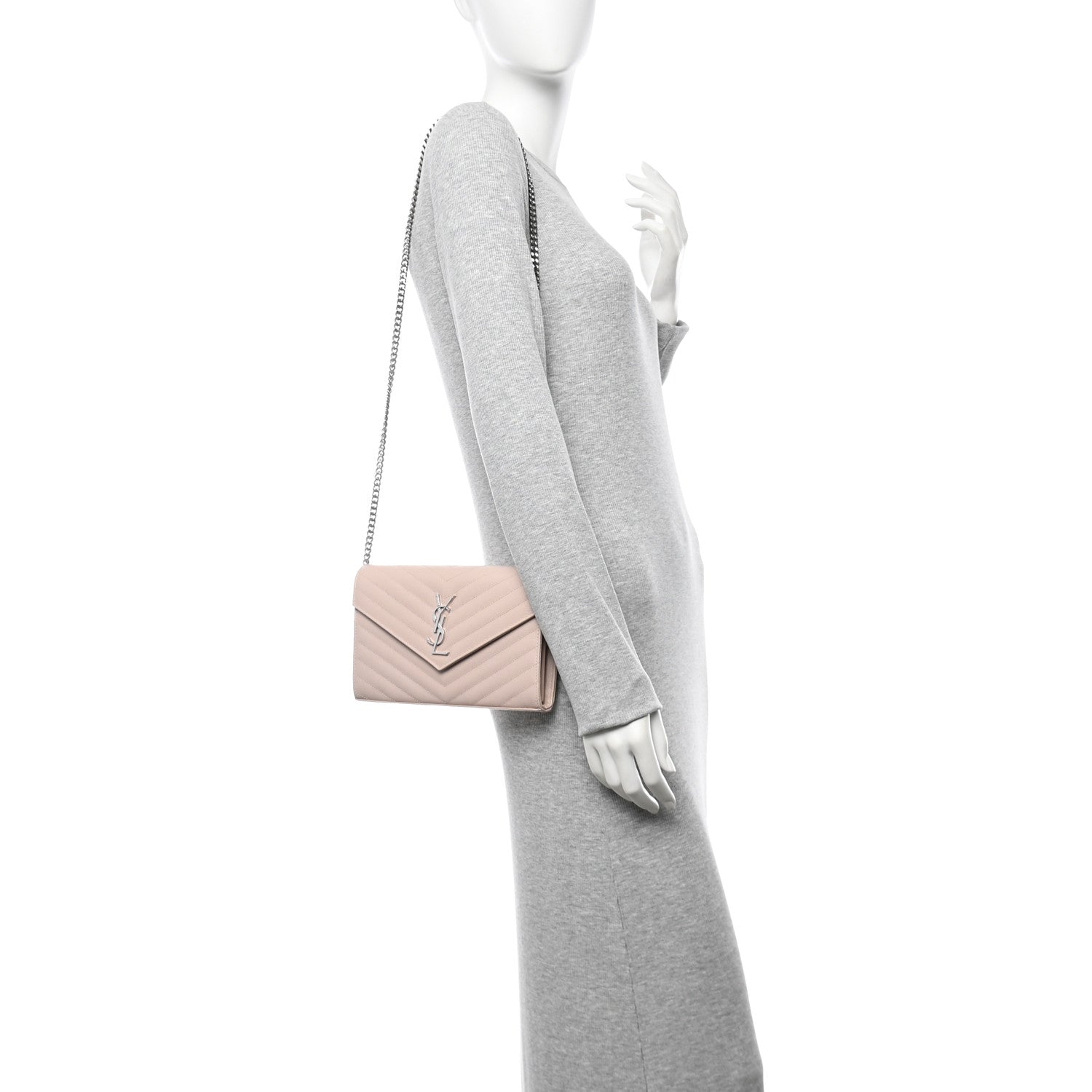 Saint Laurent Grain De Poudre Matelasse Chevron Monogram Chain Wallet Marble Pink 2 of 9