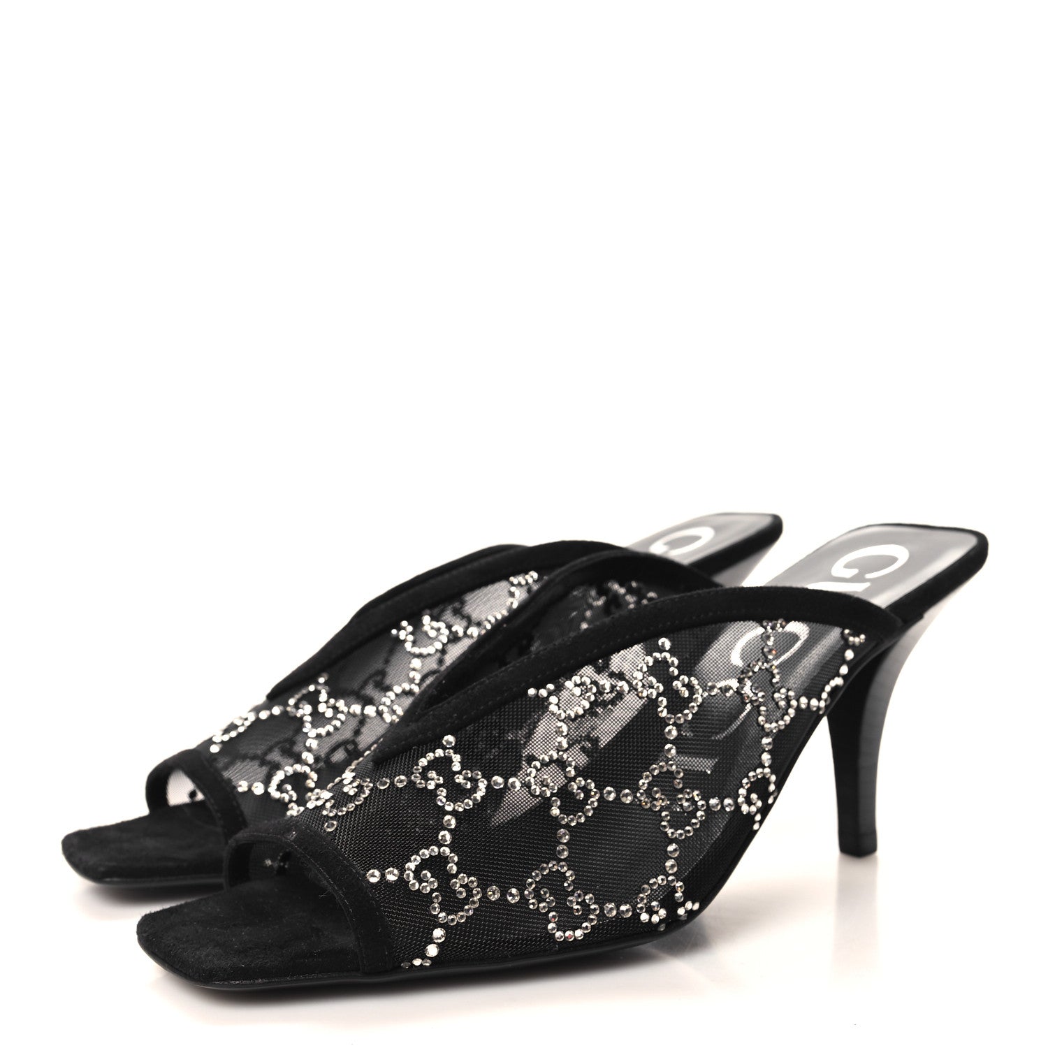 Gucci Tela Retino Kid Scamosciato Crystal GG Monogram Square G 95mm Slide Sandals 37.5 Black 3 of 8