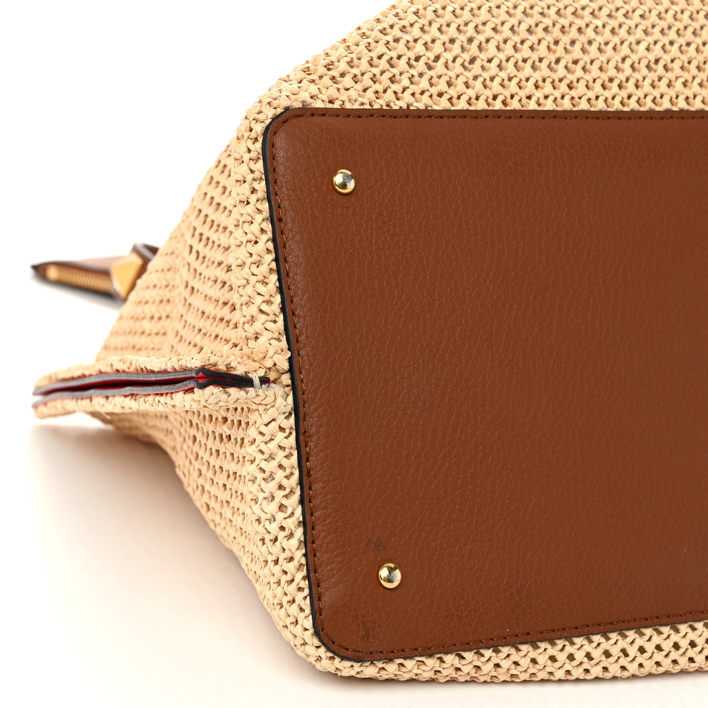 Raffia Grained Calfskin Medium Rockstud Vlogo Tote Naturale
