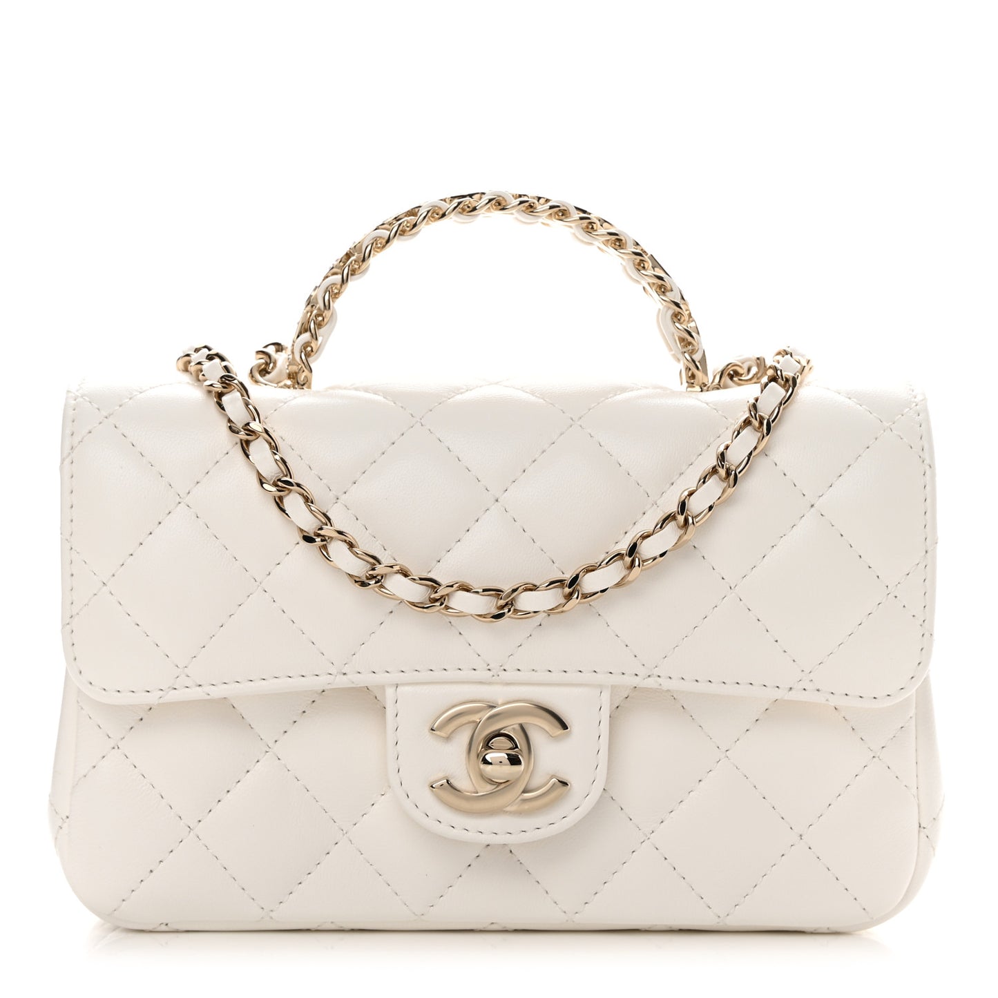 Lambskin Quilted Mini Crystal Top Handle Rectangular Flap White