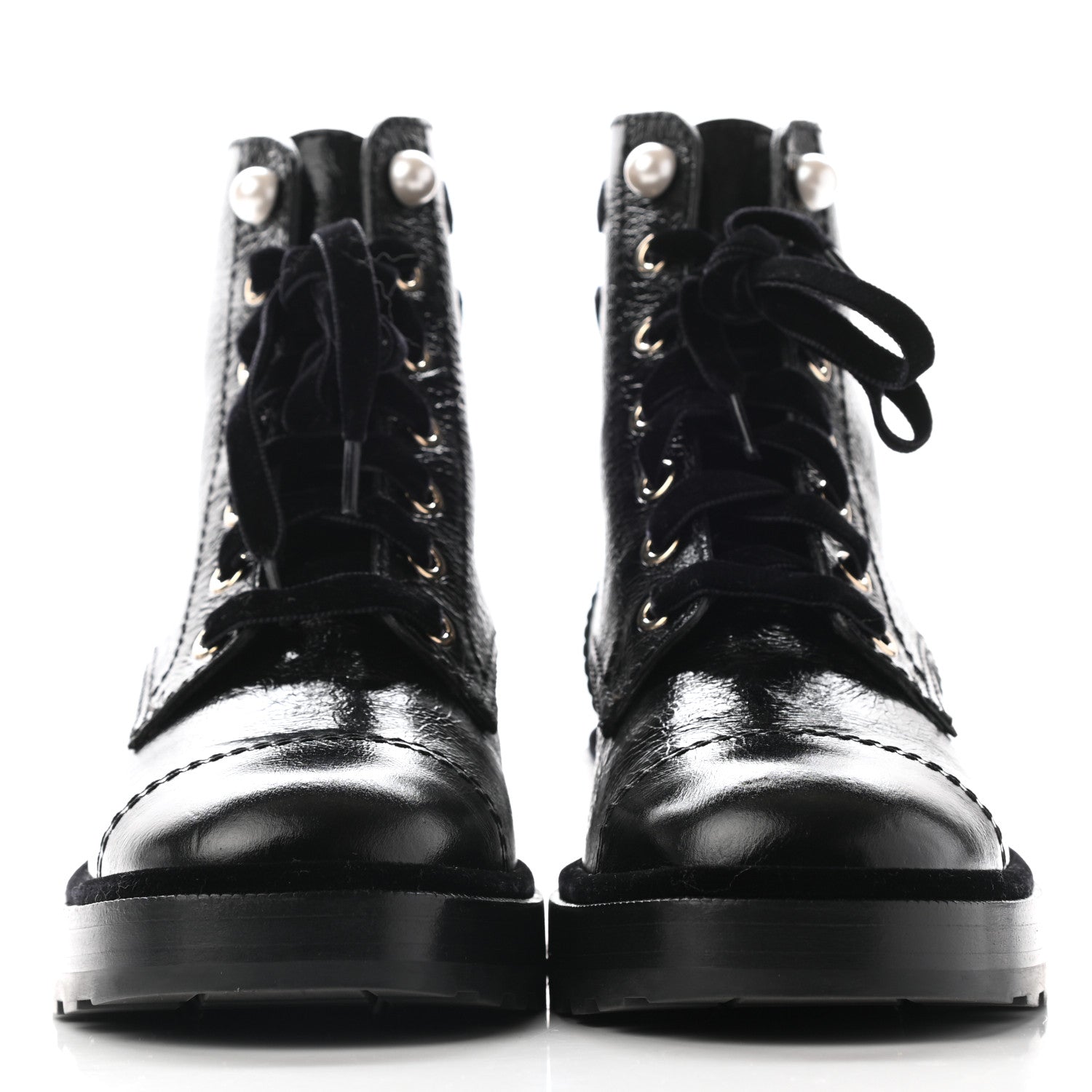 Chanel Shiny Calfskin Velvet Pearl Combat Short Boots 39 Black 2 of 12