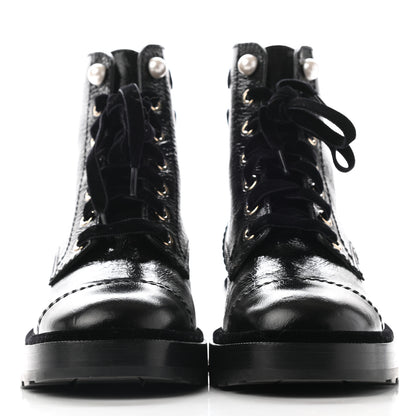 Chanel Shiny Calfskin Velvet Pearl Combat Short Boots 39 Black 2 of 12