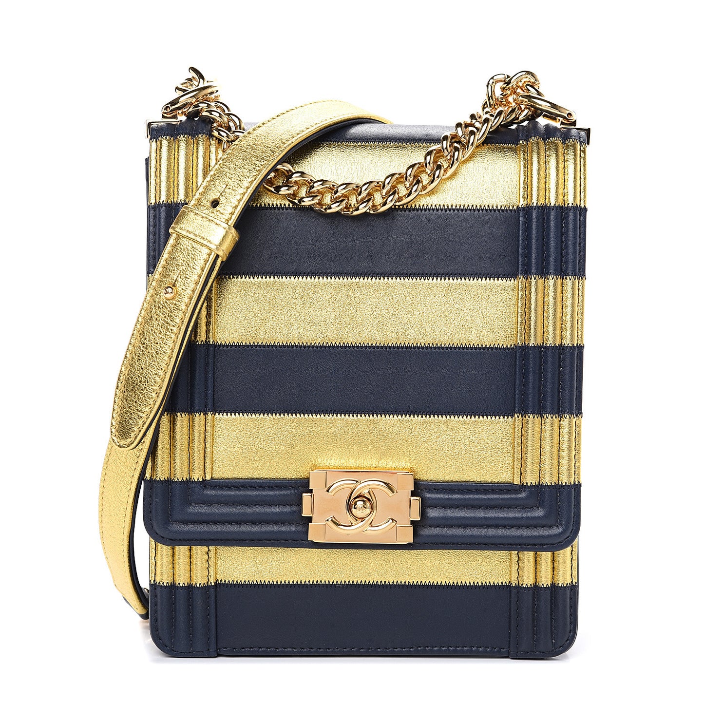Metallic Lambskin Striped North South Boy Flap Navy Gold