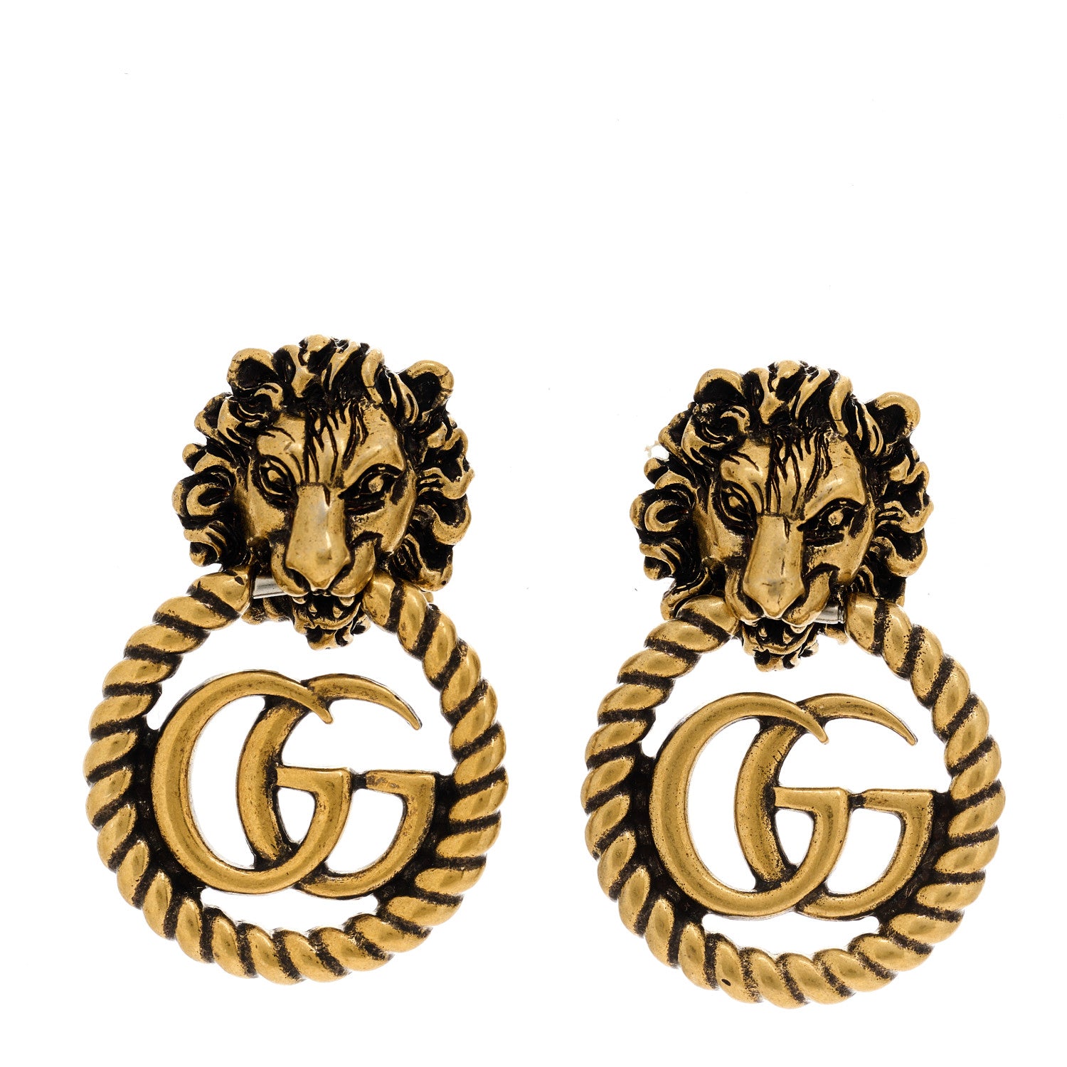 Gucci Metal Double G Lion Head Clip On Earrings Aged Gold 1 of 4