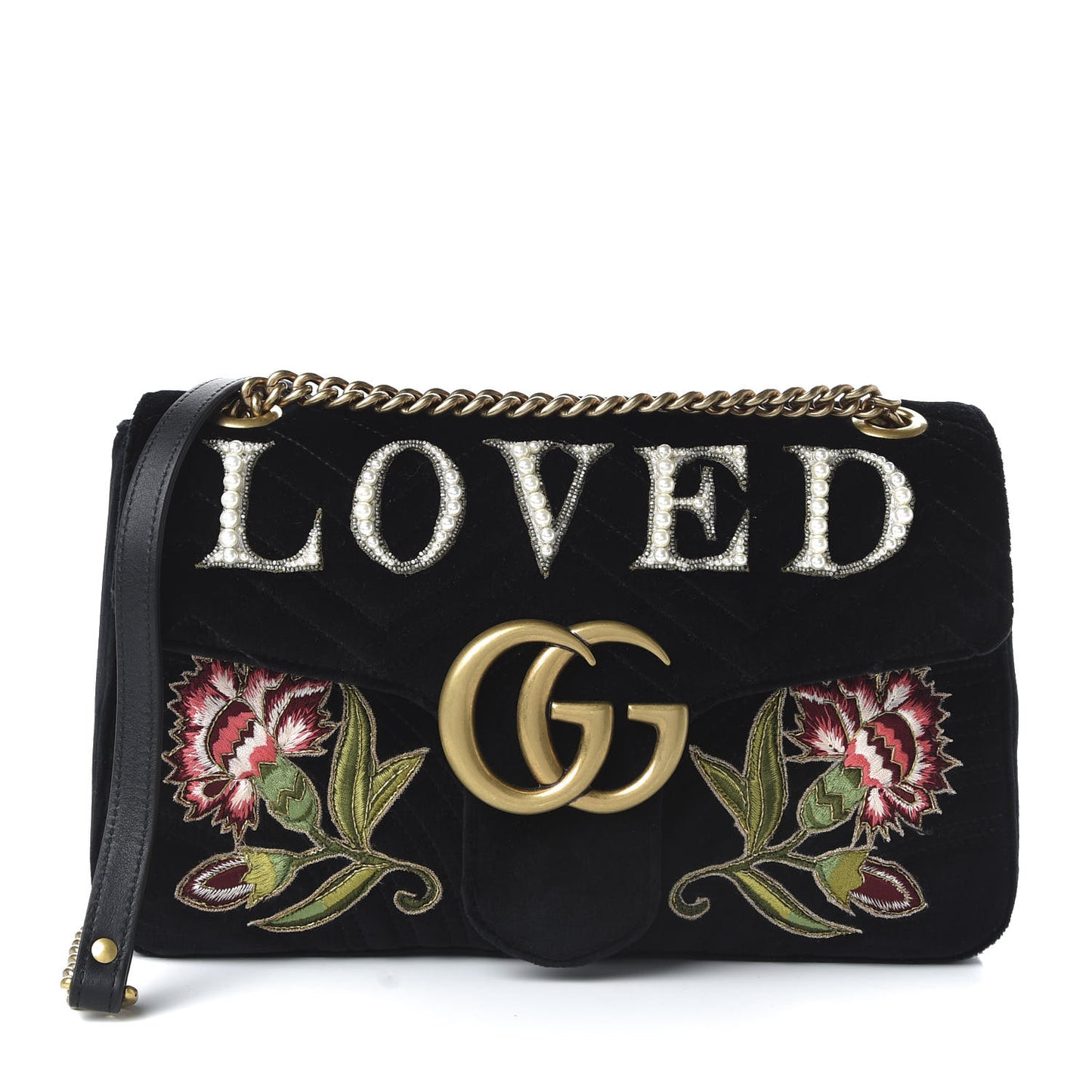 Velvet Matelasse Loved Embroidered Medium GG Marmont Shoulder Bag Black