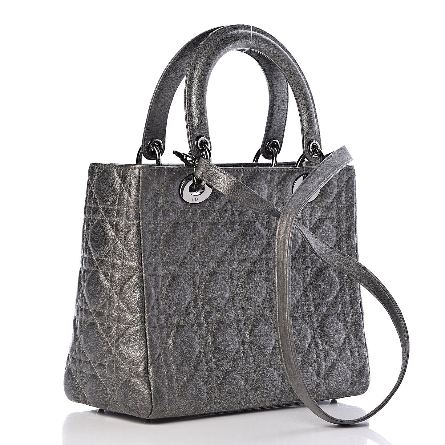Metallic Lambskin Cannage Medium Lady Dior Gunmetal