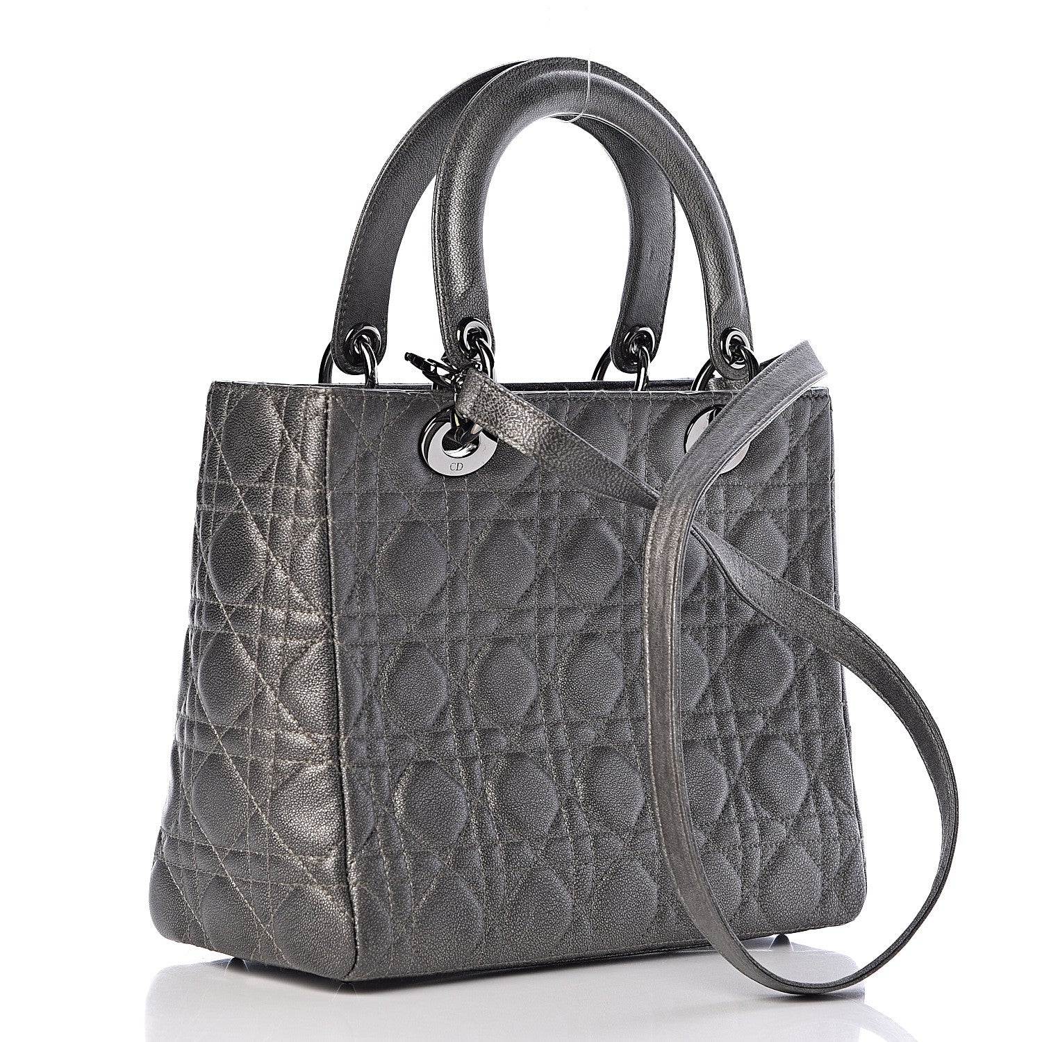 Christian Dior Metallic Lambskin Cannage Medium Lady Dior Gunmetal 3 of 15