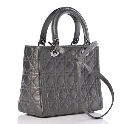 Christian Dior Metallic Lambskin Cannage Medium Lady Dior Gunmetal 3 of 15