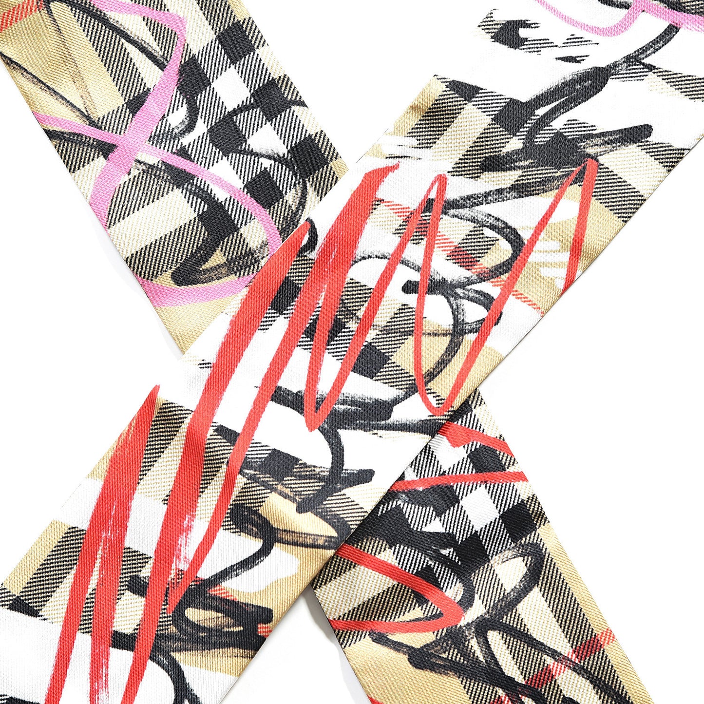 Silk Vintage Check Scribble Print Skinny Scarf Archive Beige