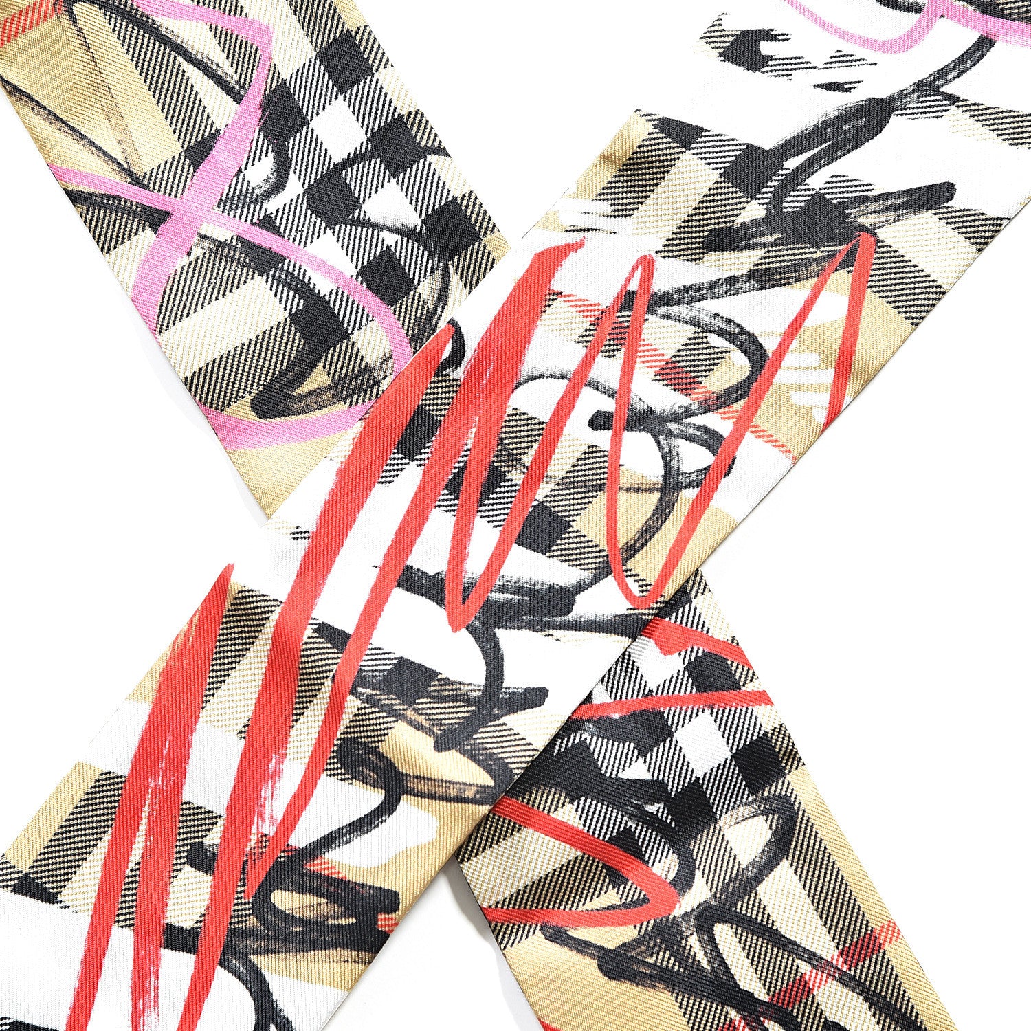 Burberry Silk Vintage Check Scribble Print Skinny Scarf Archive Beige 2 of 3
