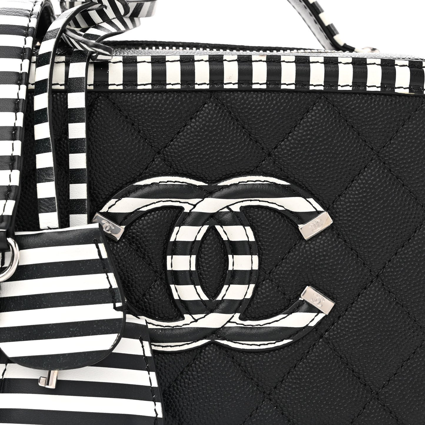 Caviar Quilted Striped Small CC Filigree Vanity Case Black White