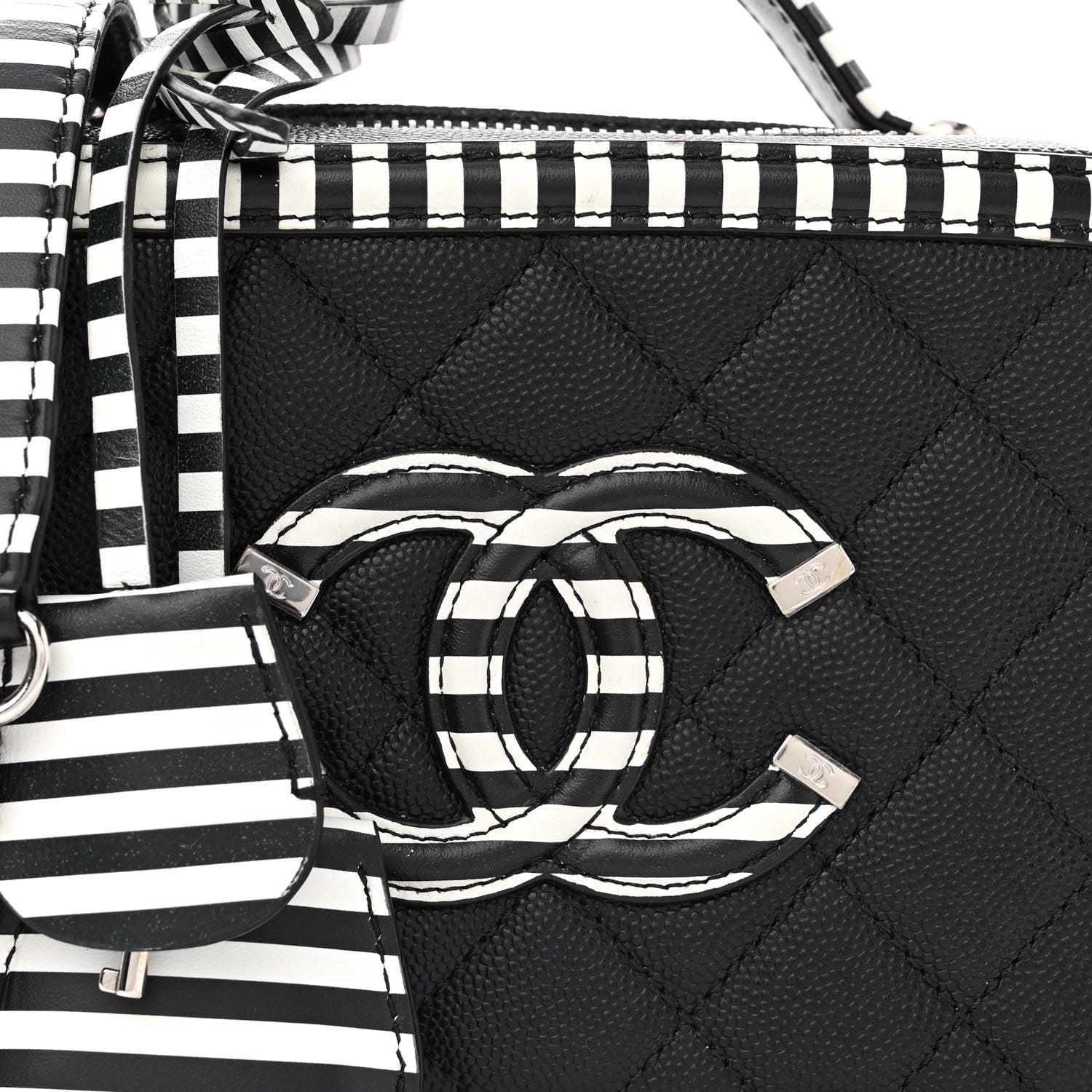 Chanel Caviar Quilted Striped Small CC Filigree Vanity Case Black White 8 of 13