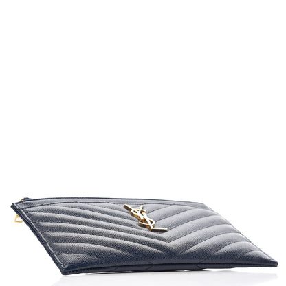Saint Laurent Grain De Poudre Chevron Monogram Bill Pouch Navy 4 of 8