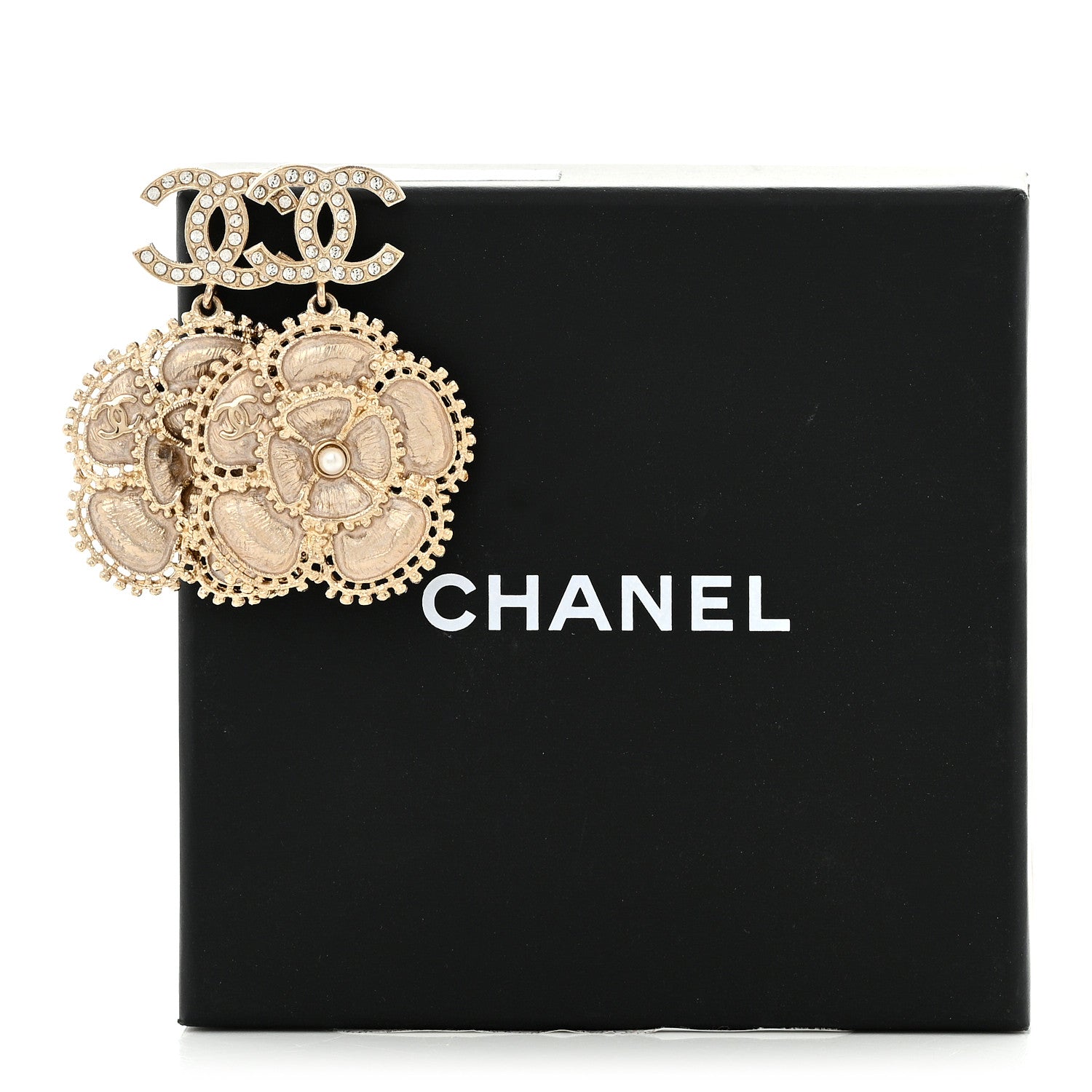 Chanel Crystal Pearl Camellia CC Drop Earrings Gold 6 of 6