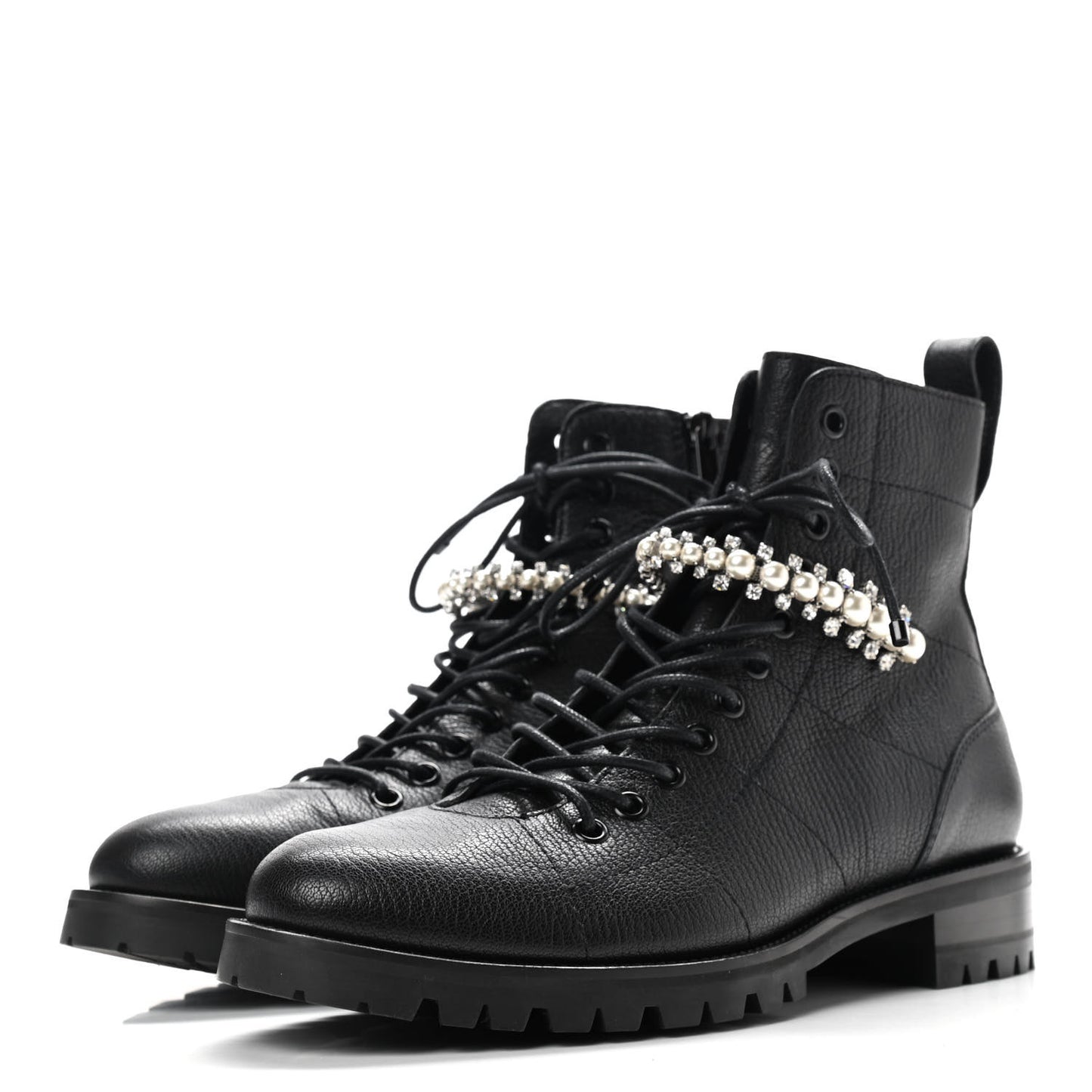 Grained Calfskin Crystal Embellished Cruz Combat Boots 39.5 Black