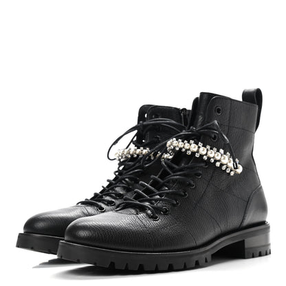 Jimmy Choo Grained Calfskin Crystal Embellished Cruz Combat Boots 39.5 Black 3 of 7