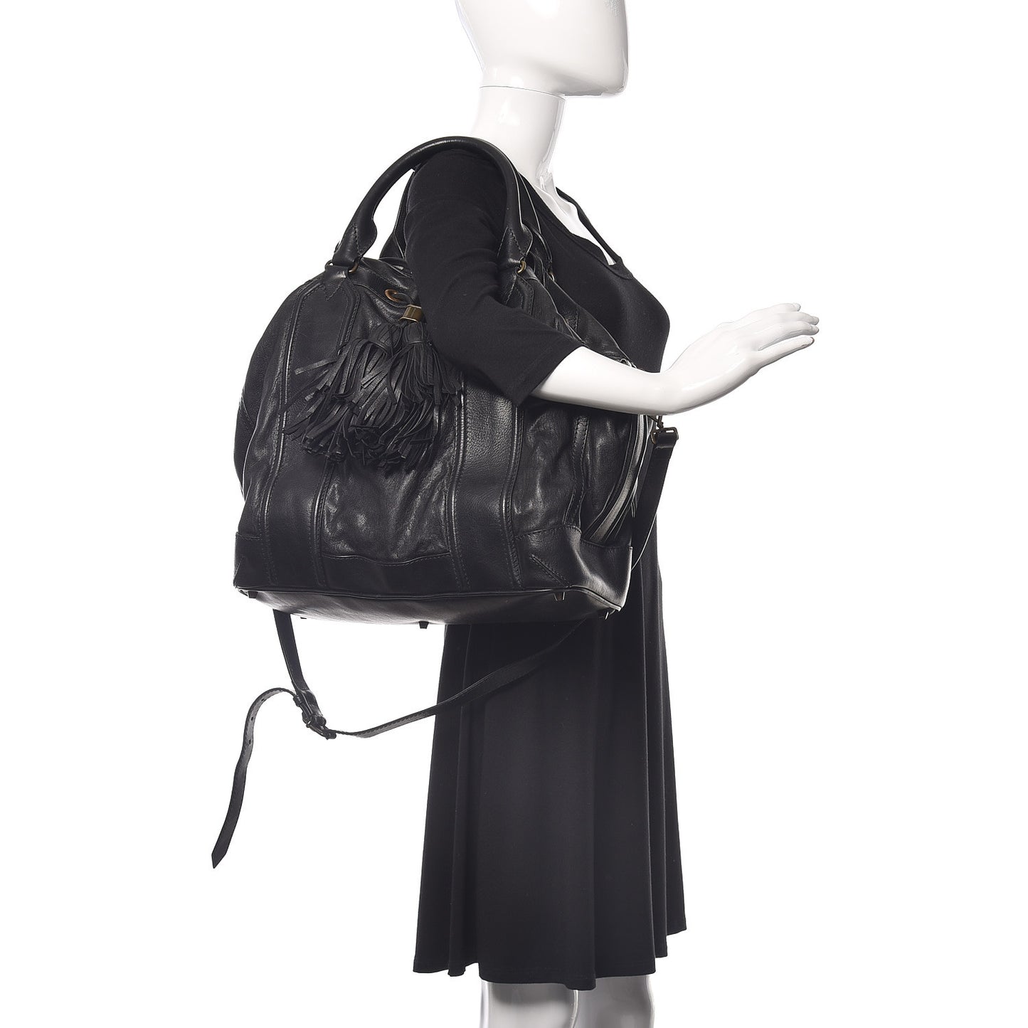 Grainy Calfskin Tassel Drawstring Shoulder Bag Black