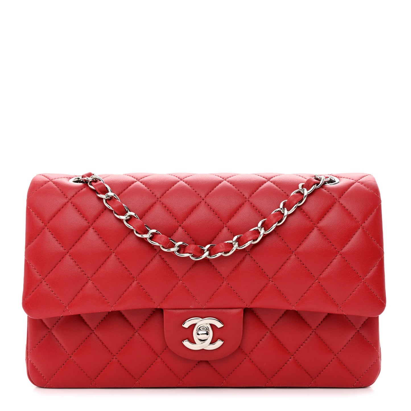 Lambskin Quilted Medium Double Flap Red