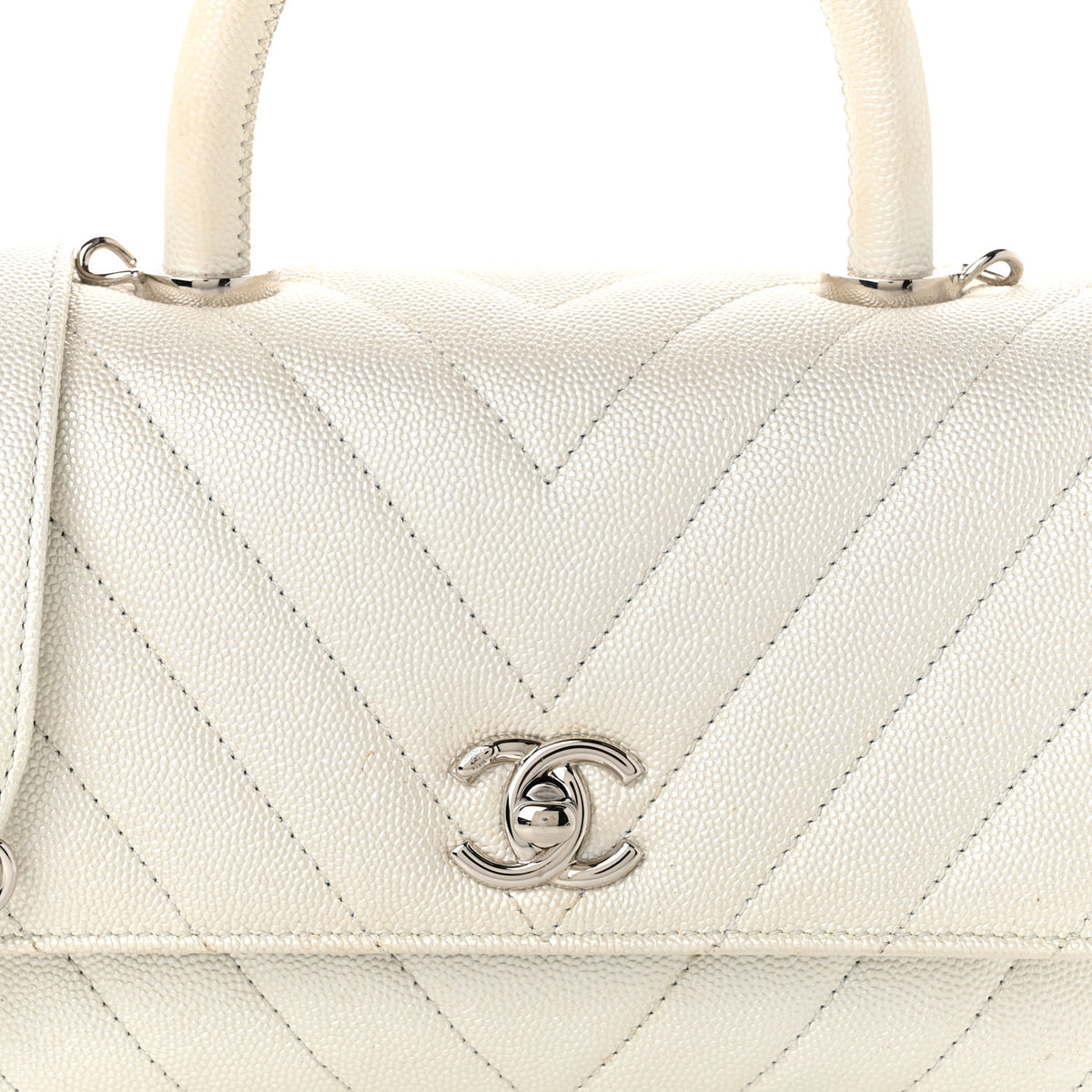 Iridescent Caviar Chevron Quilted Mini Coco Handle Flap White
