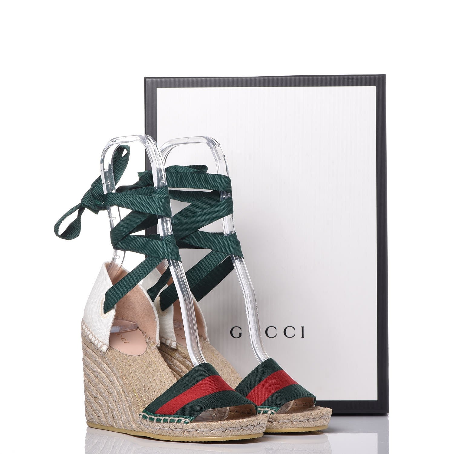 Gucci Canvas Malaga Kid Web Ankle Wrap Espadrille Wedge Sandals 36.5 Green Red Mystic White Emerald 13 of 13