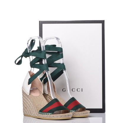 Gucci Canvas Malaga Kid Web Ankle Wrap Espadrille Wedge Sandals 36.5 Green Red Mystic White Emerald 13 of 13