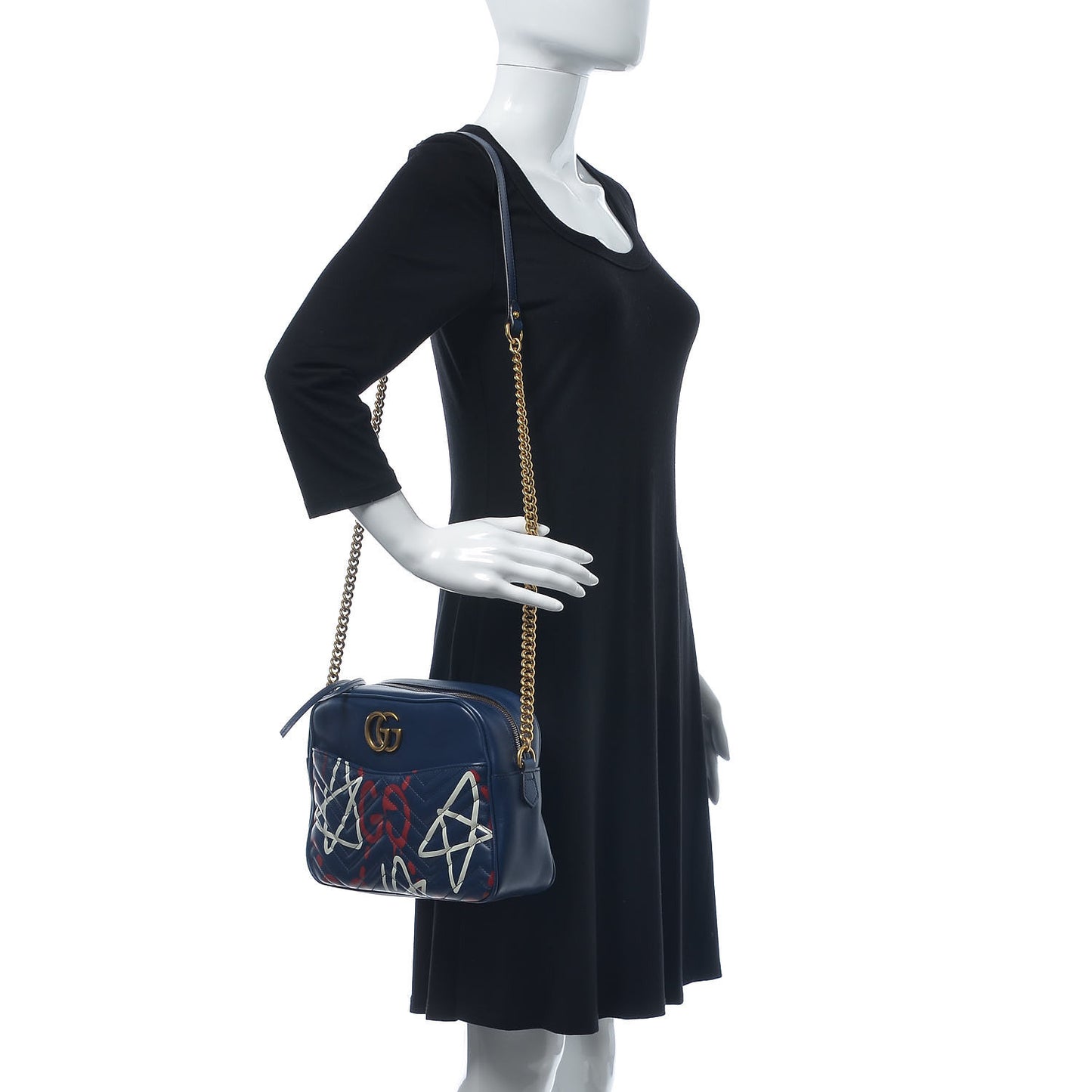 Calfskin Matelasse GucciGhost Medium GG Marmont Chain Shoulder Bag Blue Agata Hibiscus Red