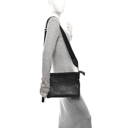 Gucci Piuma Calfskin Jumbo GG Embossed Medium Wristlet Messenger Bag Black 2 of 11
