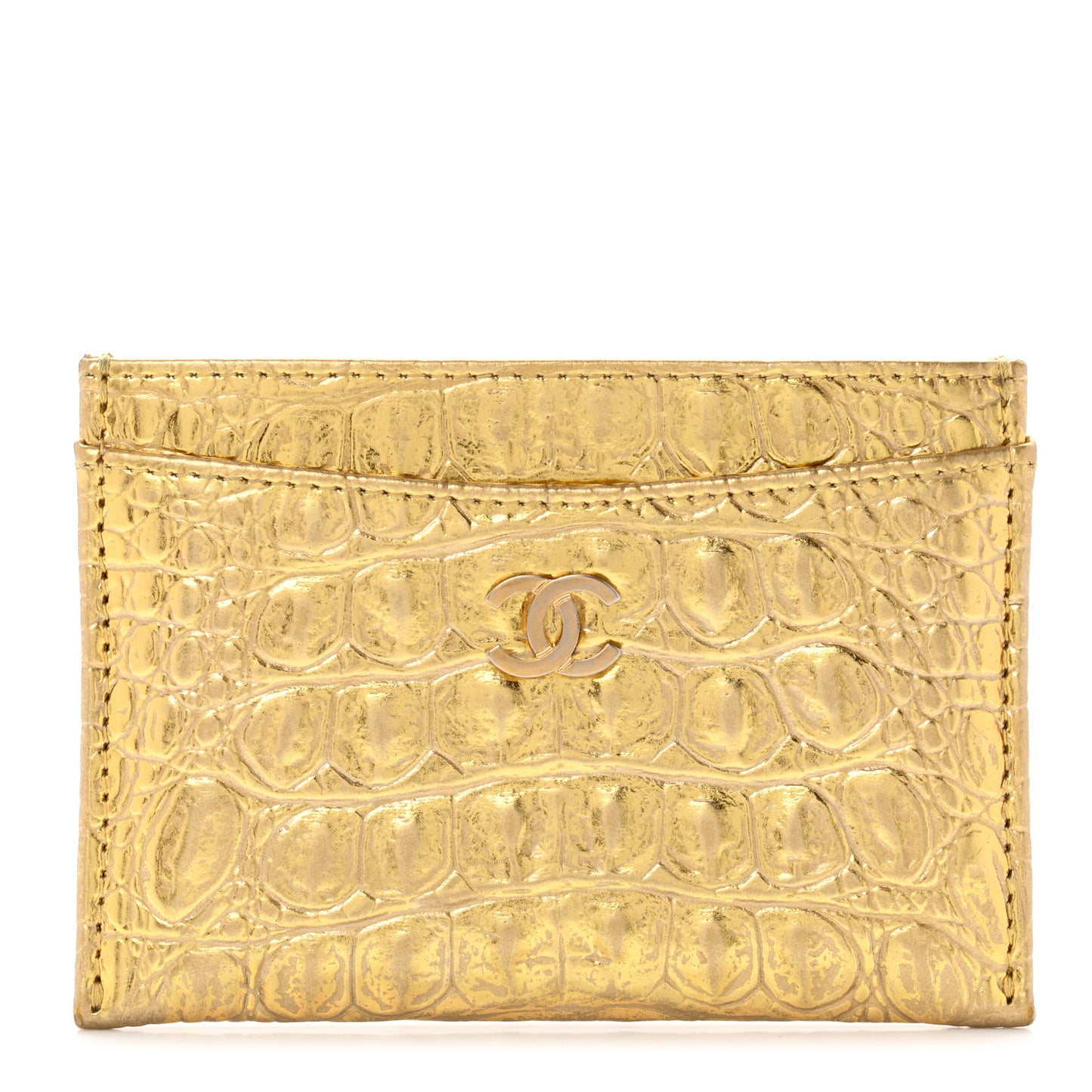 Metallic Calfskin Crocodile Embossed Cocodile Card Holder Gold