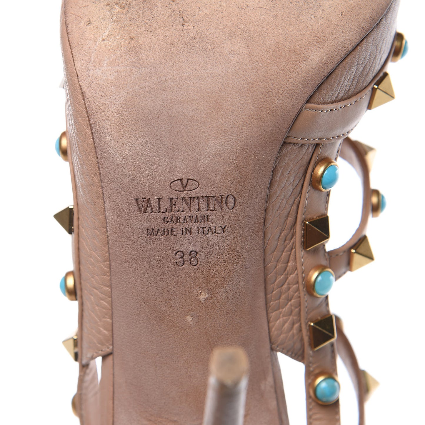 Pebbled Calfskin Rockstud Rolling Ankle Strap 100mm Pumps 38 Soft Noisette