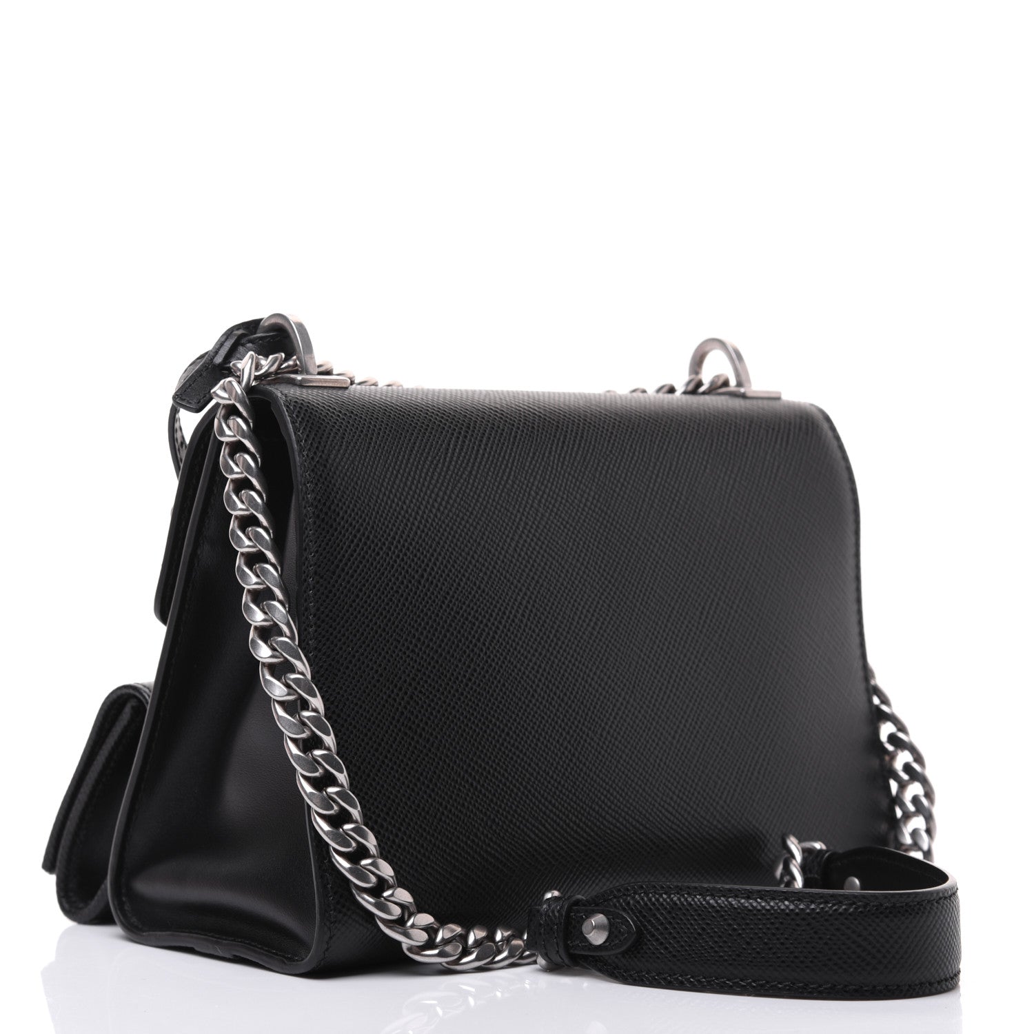 Prada Saffiano Cuir Calfskin Monochrome Patches Envelope Flap Chain Shoulder Bag Black 4 of 15