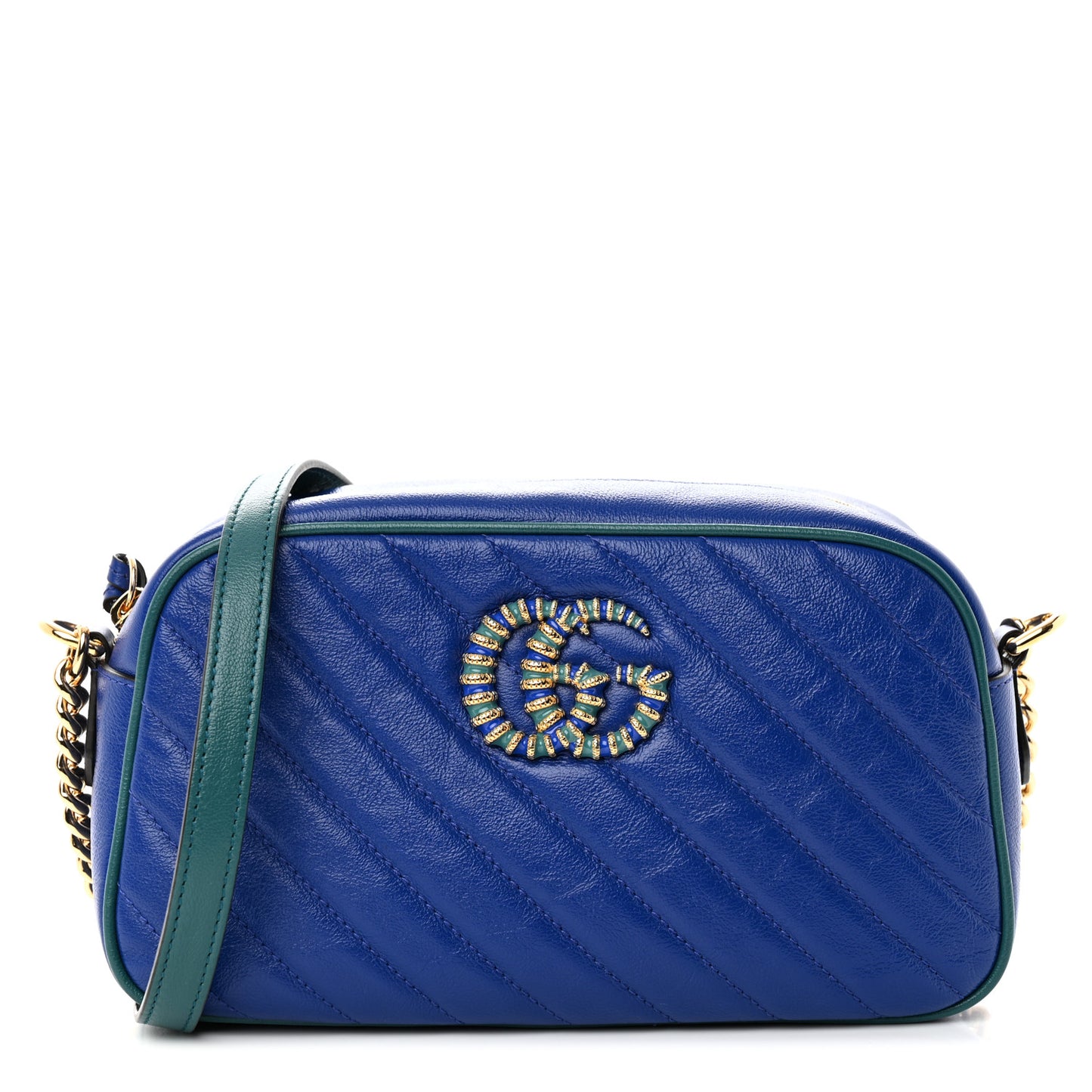 Azalea Calfskin Enamel Matelasse Diagonal Small Torchon GG Marmont Chain Shoulder Bag Imperial Blue Pavone