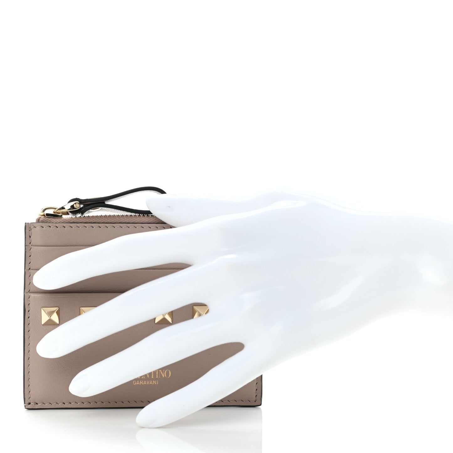 Vitello Rockstud Card Holder With Zipper Poudre