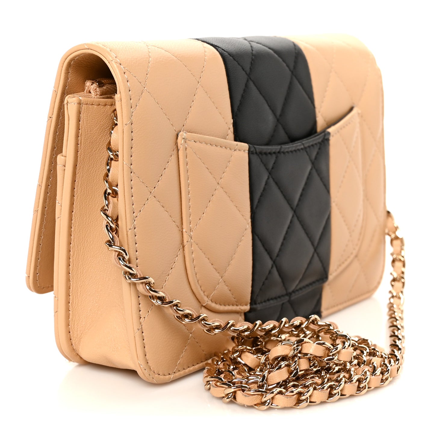 Lambskin Quilted Wallet On Chain WOC Beige Black