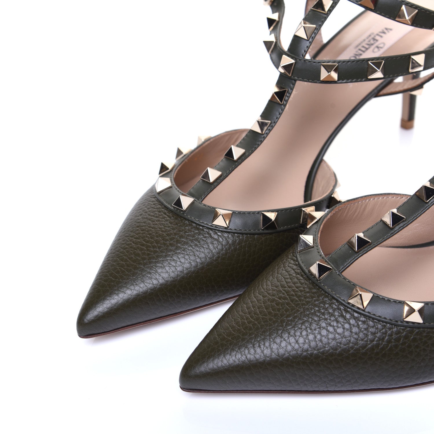 Valentino Garavani Pebbled Calfskin Rockstud Ankle Strap 65mm Pumps 41 Olive Green 7 of 11
