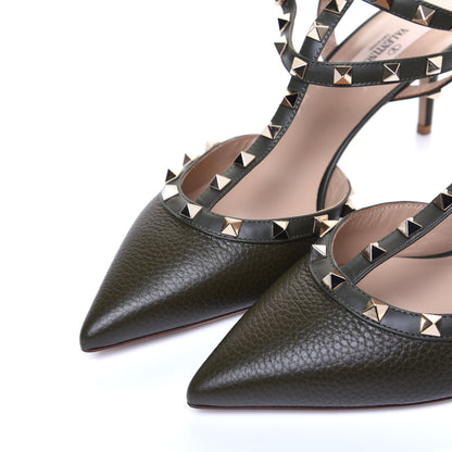 Valentino Garavani Pebbled Calfskin Rockstud Ankle Strap 65mm Pumps 41 Olive Green 7 of 11
