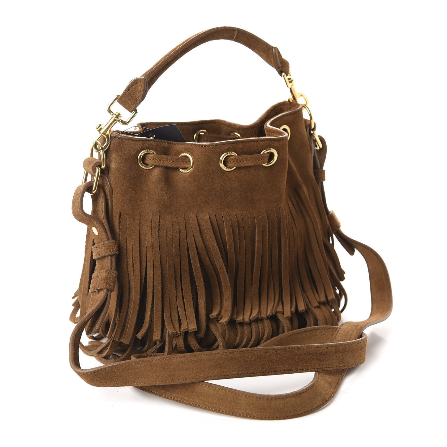 Suede Calfskin Small Emmanuelle Fringe Bucket Bag Light Ocre