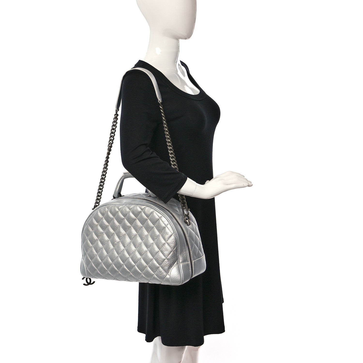 Chanel Metallic Calfskin Quilted Medium Airlines Round Trip Bowling Bag Silver Silver 3 of 9