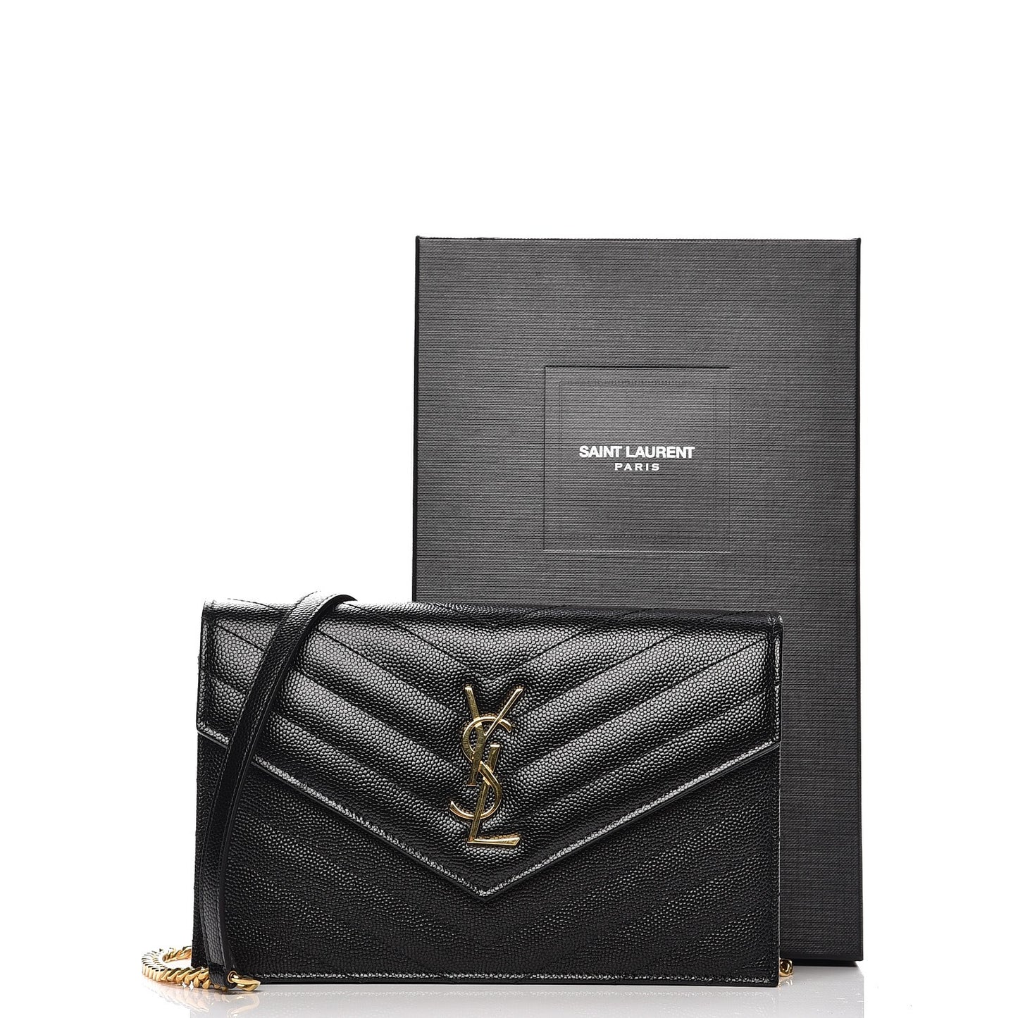 Grain De Poudre Matelasse Chevron Monogram Envelope Chain Wallet Black