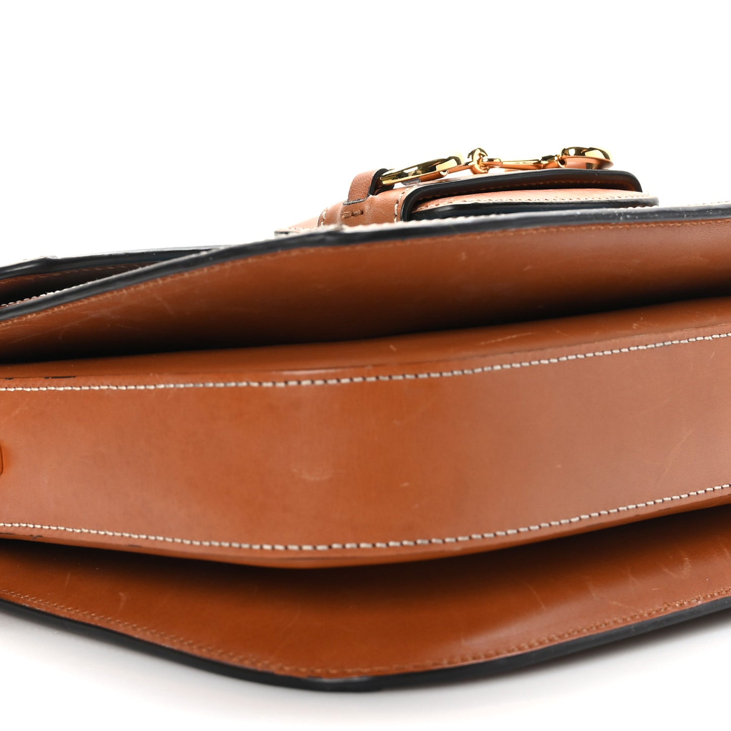 X DANS LE VERT Textured Dollar Calfskin Horsebit 1955 Shoulder Bag Dusty Azure Harness Brown Mystic White