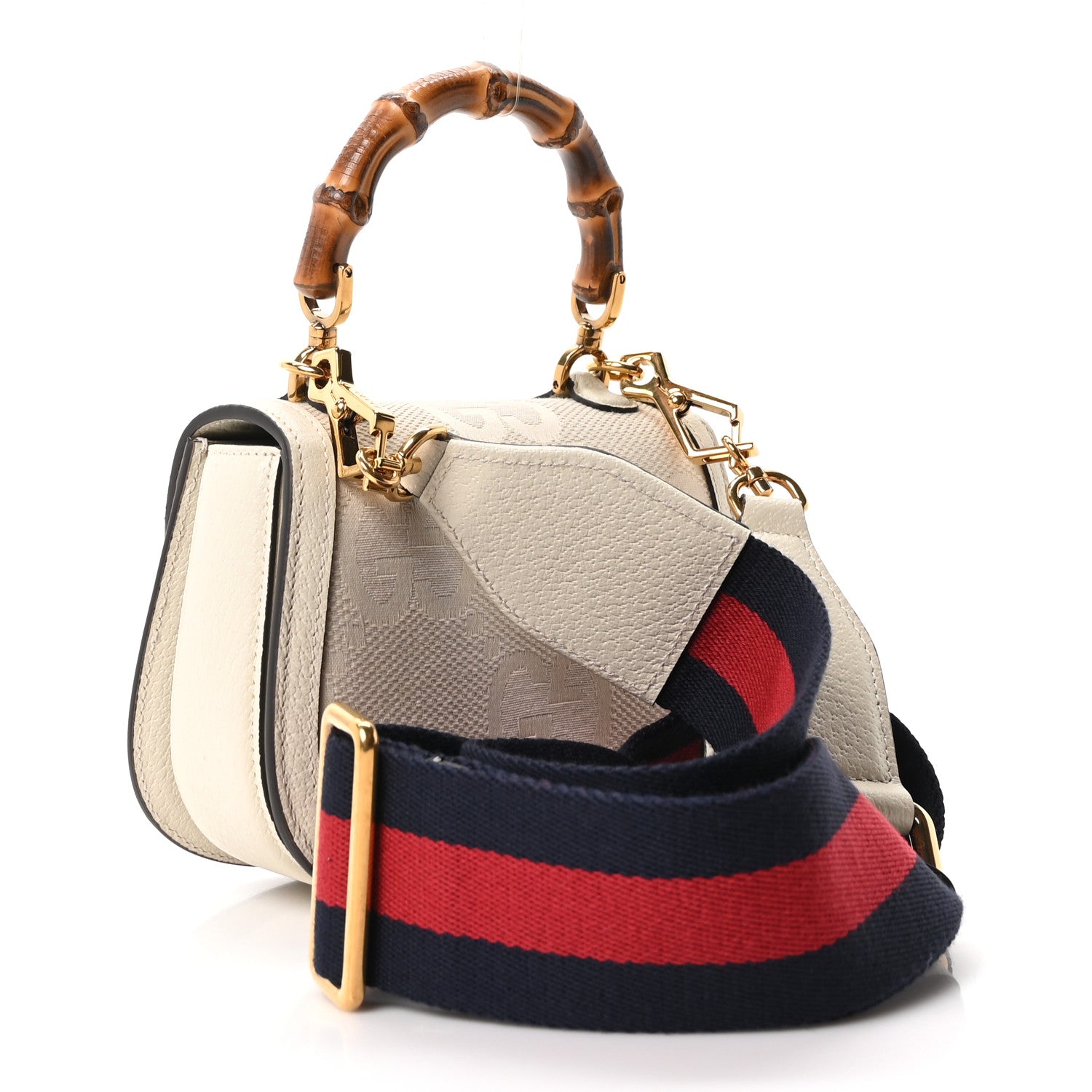 Gucci Monogram Jumbo GG Textured Dollar Calfskin Web Mini Bamboo 1947 Top Handle Bag Off White 4 of 17